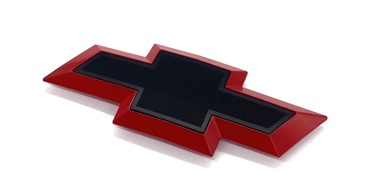 Front grille bowtie emblem for Chevy Silverado 1500 2007-2013, red with black center, angled view