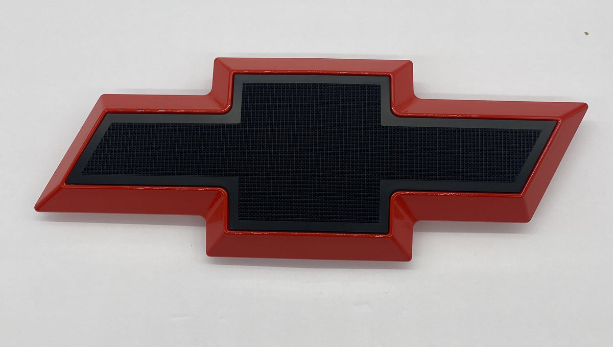 Front grille bowtie emblem for Chevy Silverado HD 2011-2014, red with black center, straight on