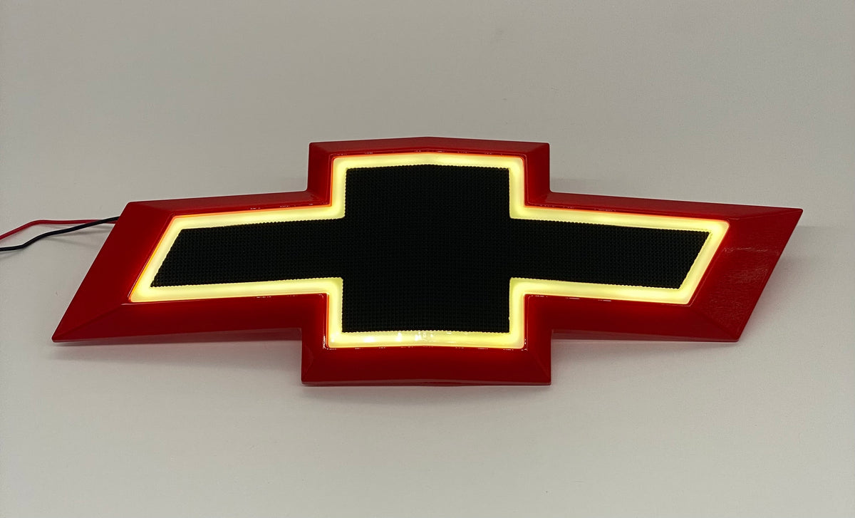 LED front grille bowtie emblem for Chevy Tahoe Suburban 2015-2020, red with black center, lit under bright light